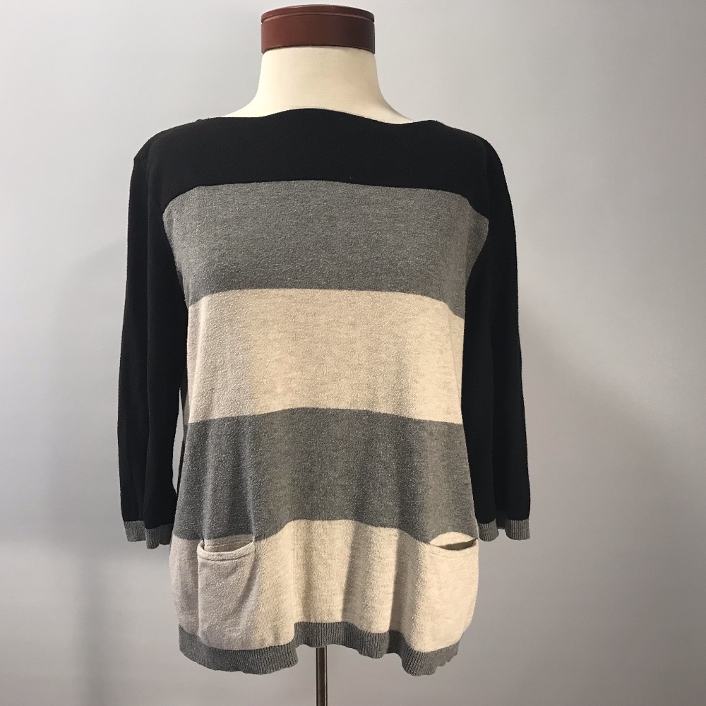 a.n.a. striped sweater 3/4 sleeve black gray L